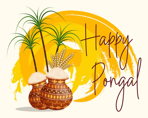 Feliz festivo fondo grunge Pongal con caña de azúcar y olla de arroz. Festival de la cosecha hindú. Ilustración, vector - Vector, imagen