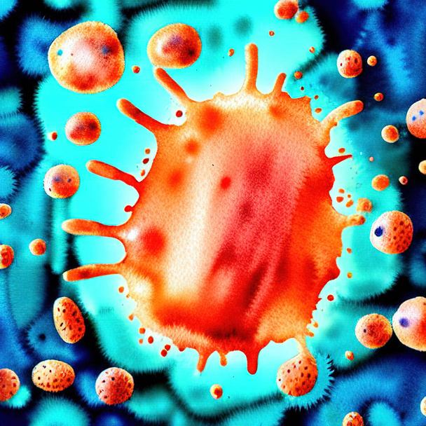 Abstracte pathogene viruscel, kankercel onder microscoop, kwaadaardige tumor, digitale illustratie - Foto, afbeelding