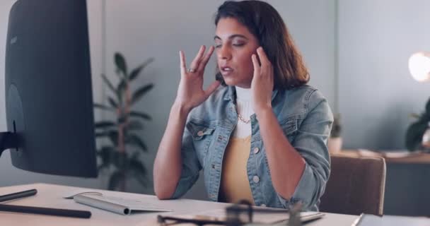 Headache, computer or woman copywriting with stress, burnout or mental health problems at office desk. Migraine, anxiety or employee in pain while working on digital marketing content or media post. - Footage, Video