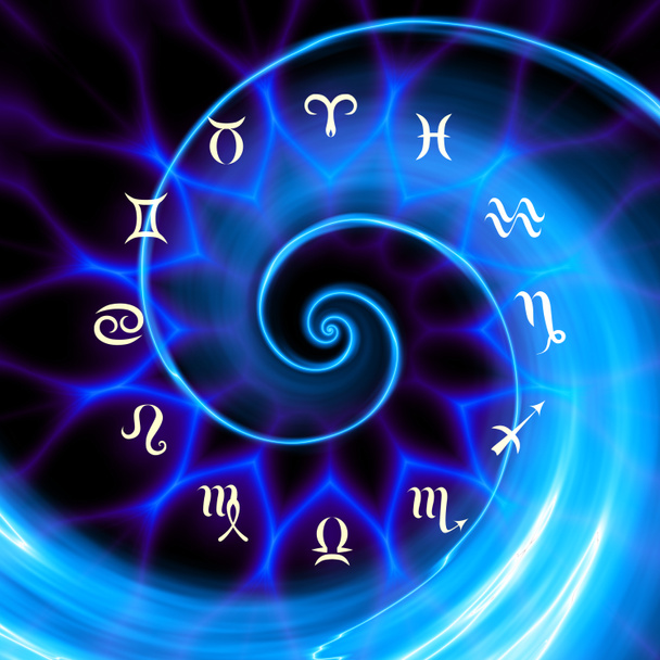 Círculo mágico com signo de zodíaco em fundo azul abstrato. Círculo do zodíaco - Foto, Imagem