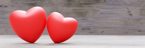 木製の背景にカップル赤い情熱の心。風船の心臓の形、心臓の健康の愛のシンボル。空、コピースペース、バナー。3Dレンダリング - 写真・画像