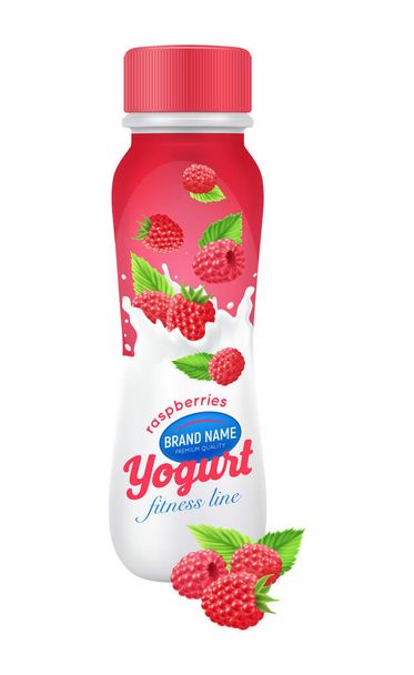 Gerçekçi içilebilir ahududu yoğurt şişesi ambalaj tasarımı vektör çizimi - Vektör, Görsel
