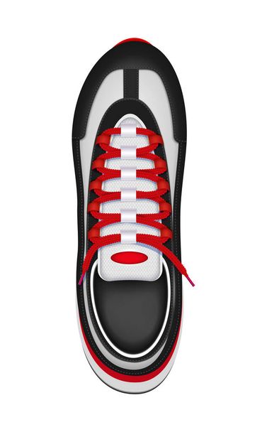 Realisztikus uniszex sportcipő piros cipőfűzővel felső nézet vektor illusztráció - Vektor, kép