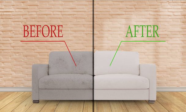 Sofa voor en na de stomerij op de kamer, 3D-weergave - Foto, afbeelding