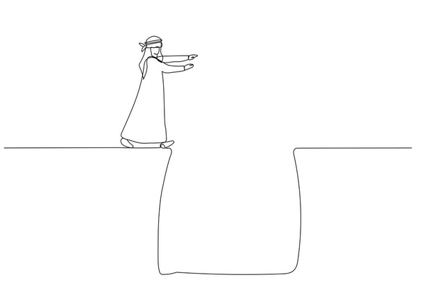 Desenho de homem árabe de olhos vendados andando em conceito buraco profundo de incerteza nos negócios. Estilo de arte de linha única - Vetor, Imagem
