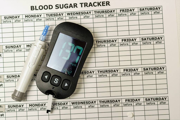 Blood sugar meter, monitoring and tracking of the disease by annotation on the blood sugar tracker. High glucose levels - Photo, Image