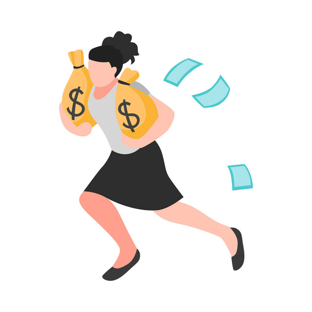 Коррупционная изометрическая иконка с женским характером, бегущая с мешками банкнот 3d векторной иллюстрации - Вектор,изображение