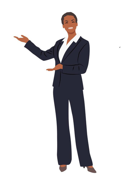 Επιχειρηματίας στέκεται, δείχνοντας, παρουσιάζοντας. Όμορφη μαύρη γυναίκα με επίσημο κοστούμι, ψηλά τακούνια. Ελκυστική Αφρικανή αφεντικίνα. Vector ρεαλιστική απεικόνιση απομονωμένη, λευκό φόντο - Διάνυσμα, εικόνα