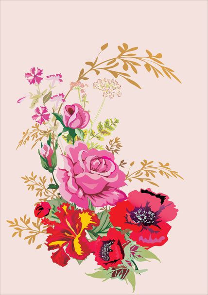 red poppy and pink rose bouquet - Vector, Image