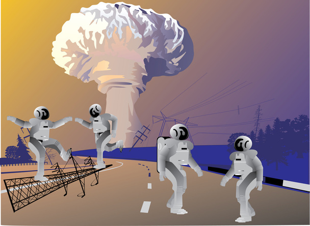 robots and atomic explosion - Vector, Image