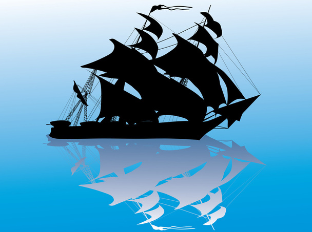 black ship with reflection on blue - Vector, Image