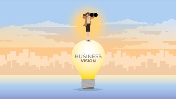 Obchodnice s vizemi používá dalekohled na velkou žárovku. Hledejte řešení podnikatelských nápadů k vyřešení problému medvědí ekonomiky, hospodářského útlumu, recese, finanční krize, inflace a ztrát. - Vektor, obrázek
