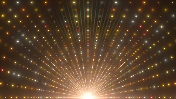Wunderschöne Goldene Tunnelhalle mit hellen, neonblinkenden Strobe-Lichtpunkten - abstrakte Hintergrundtextur - Foto, Bild