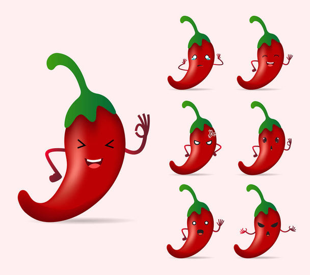 Lindo icono de diseño de carácter rojo chile con muchas expresiones diferentes. Colección de rojo picante chile icono de diseño - Vector, imagen