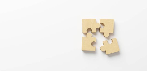 Wooden jigsaw puzzle connecting together. Team business success partnership or teamwork concept. 3d rendering illustration - Photo, Image