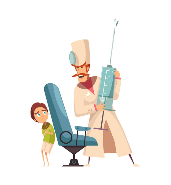 Детство боится мультфильма концепция с маленьким мальчиком боятся врача с большим шприцем векторной иллюстрации - Вектор,изображение