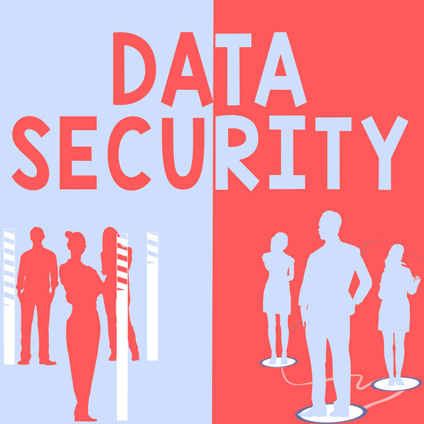 Bildunterschrift: Präsentation von Datensicherheit, Geschäftskonzept Vertraulichkeit Disk Encryption Backups Password Shielding - Foto, Bild