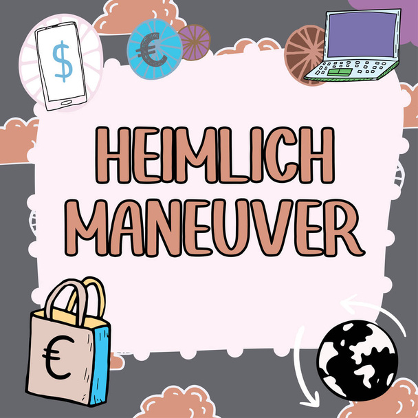 Znak tekstowy pokazujący manewr Heimlicha, Słowo Wpisany przy zastosowaniu ciśnienia w górę w przypadku zadławienia - Zdjęcie, obraz