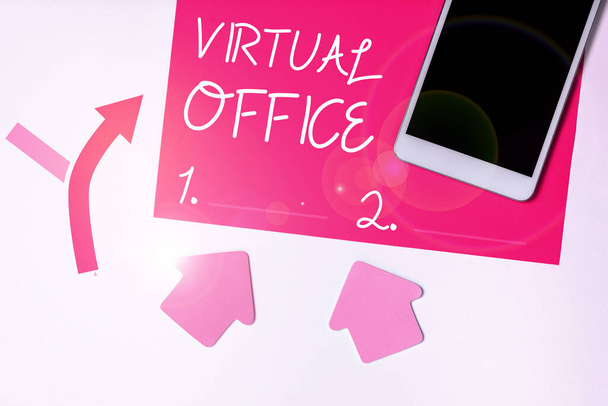 Inspiración mostrando signo Oficina Virtual, escaparate de negocios Móvil ambiente de trabajo equipado con enlaces de telecomunicaciones - Foto, Imagen
