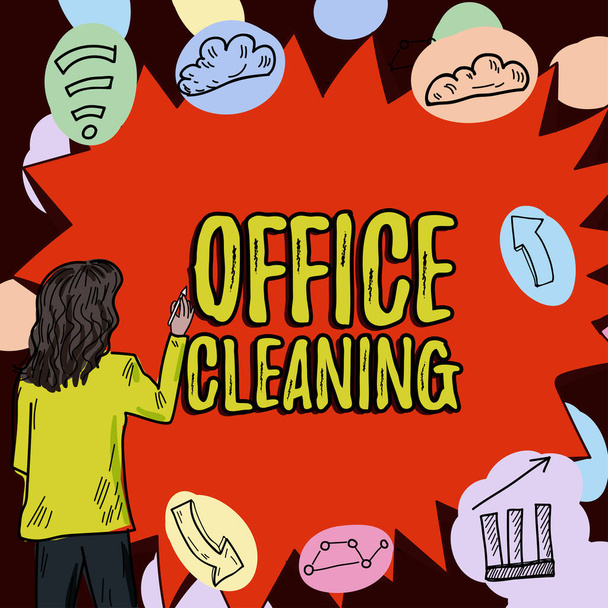 Text caption presenting Office Cleaning, Business approach the action or process of cleaning the inside of office building - Photo, Image