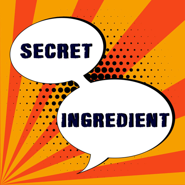Podpis tekstowy przedstawiający Secret Ingredient, Word Wpisany na specjalnej technice lub materiałach wykorzystywanych przez firmę w produkcji jej produktów - Zdjęcie, obraz