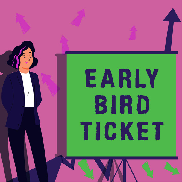 Κείμενο που δείχνει έμπνευση Early Bird Ticket, Επιχειρηματική επισκόπηση Αγοράζοντας ένα εισιτήριο πριν βγει προς πώληση σε κανονική τιμή - Φωτογραφία, εικόνα