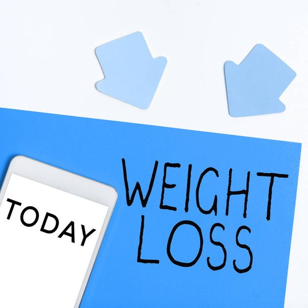 Texto título que presenta la pérdida de peso, Palabra para la disminución de la masa muscular del fluido corporal Reducir la grasa disponer de tejido - Foto, Imagen