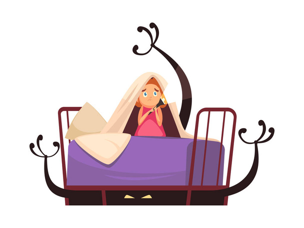 Childhood fears cartoon concept with little girl with torch scared by monsters under bed vector illustration - Vector, Image