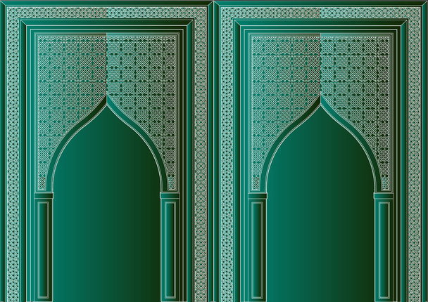 Entrada al palacio indio o árabe, ilustración vectorial plana en colores gris y lila, aislada sobre fondo violeta, puede usarse para papel pintado, fondo para portada, tarjetas de invitación - Vector, Imagen