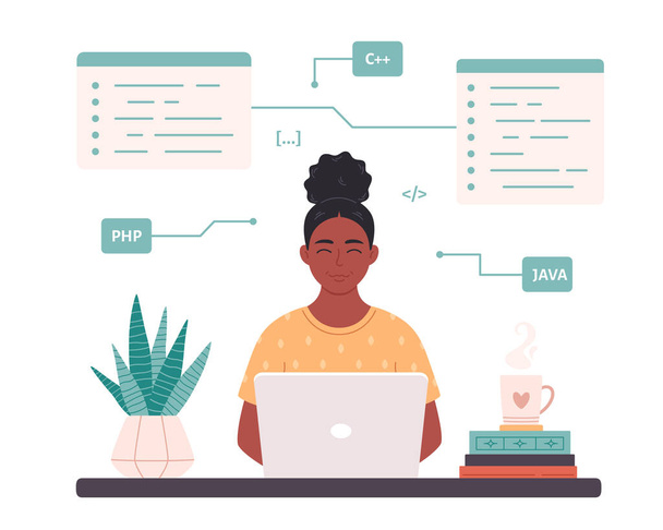 Чорна жінка працює на ноутбуці. Жінка-розробник ІТ. Код програмування. Фріланс, віддалена робота. Векторні ілюстрації
 - Вектор, зображення