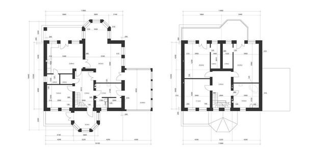 Архитектурный план двухэтажного усадьбы с террасой. Планировка индивидуального двухэтажного дома с тремя спальнями, кухней, гостиной, двумя ванными комнатами, гардеробной и кладовой
. - Вектор,изображение