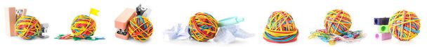 Collection of colorful rubber band balls with office supplies on white background - Photo, image