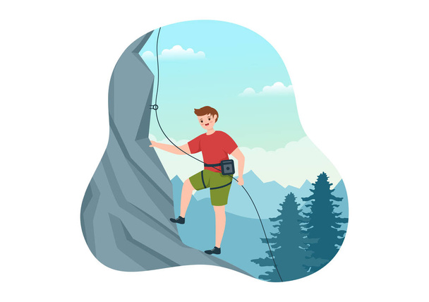 Cliff Climbing Illustration with Climber Climb Rock Wall or Mountain Cliffs and Extreme Activity Sport in Flat Cartoon Hand Drawn Template - Vektor, obrázek