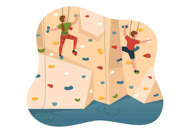 Cliff Climbing Illustration with Climber Climb Rock Wall or Mountain Cliffs and Extreme Activity Sport in Flat Cartoon Hand Drawn Template - Вектор, зображення