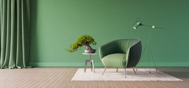現代のアームチェアと緑のコンクリート壁。最小限のインテリアデザイン、 3Dレンダリング - 写真・画像