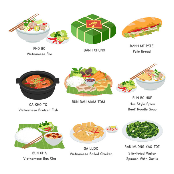 Vietnámi Élelmiszer vektor készlet. Állítsa be a híres ételek Vietnam lapos vektor illusztráció, előfizetői rajzfilm. Banh Mi, Pho, Bun Cha, Banh Chung. Ázsiai kaja. Vietnámi konyha. Vietnami élelmiszer-vektor kialakítása - Vektor, kép