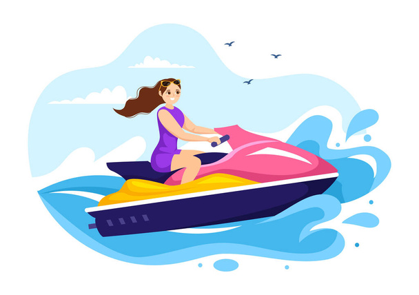 Mensen rijden Jet Ski Illustratie Zomervakantie Recreatie, Extreme Watersport en Resort Beach Activiteit in Hand getekend Platte Tekenfilm Template - Vector, afbeelding