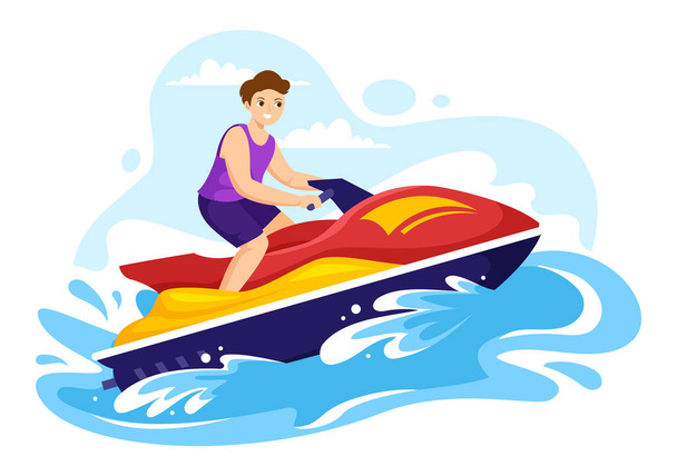 Иллюстрация катания на гидроцикле Летний отдых, экстремальные водные виды спорта и курортная деятельность на пляже в ручном рисовании плоский шаблон мультфильма - Вектор,изображение