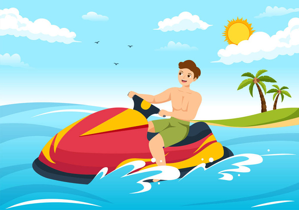 Menschen fahren Jet-Ski Illustration Sommerurlaub Freizeit, Extremwassersport und Resort Strand-Aktivitäten in handgezeichneten flachen Cartoon-Vorlage - Vektor, Bild