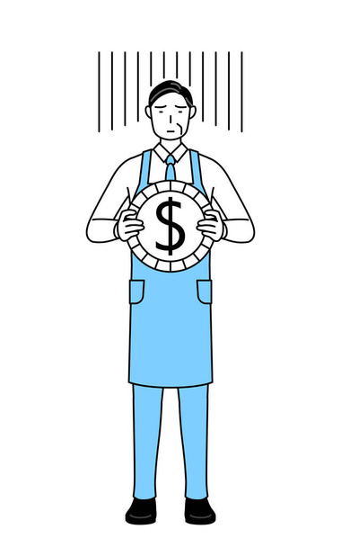 Старший человек в фартуке, изображение потери валюты или обесценивания доллара - Вектор,изображение