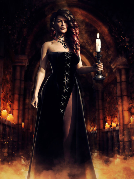 Night scene with a woman in a gothic dress holding a candle and standing in a medieval dungeon. 3D render. - Foto, Imagen