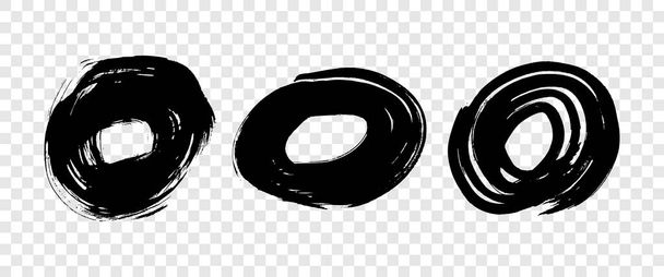 Чорні гранжеві мазки пензля у формі кола. Набір з трьох пофарбованих чорнильних кіл. Точка чорнила ізольована на прозорому фоні. Векторні ілюстрації
 - Вектор, зображення