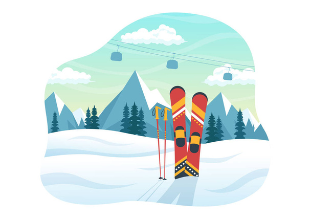 スキーイラストとスキーヤーが山の近くで滑るフラットウィンタースポーツアクティビティのスキーリゾートの下り坂漫画ハンドドローテンプレート - ベクター画像