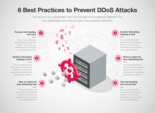 Plantilla de infografía simple para 6 mejores prácticas para prevenir ataques DDoS. Plantilla de 6 etapas con una mira y un servidor de destino como símbolo principal. - Vector, imagen