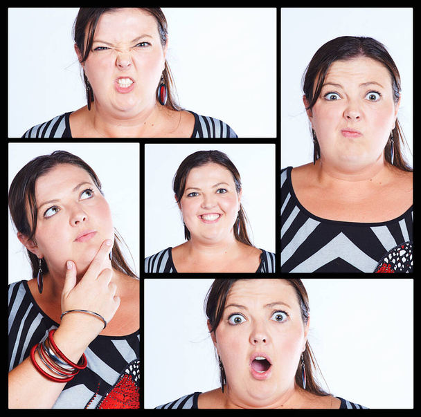 Die vielen Ausdrücke von mir. Zusammengesetzte Aufnahme einer Frau mit verschiedenen Gesichtsausdrücken - Foto, Bild