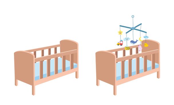 Tahta bebek karyolası. Bebek mobil asılı oyuncak düz vektör illüstrasyonlu basit şirin beşik. Bebek beşiği, yatak odası, karikatür el çizimi. Çocuklar, bebek partisi, çocuk odası dekorasyonu. - Vektör, Görsel