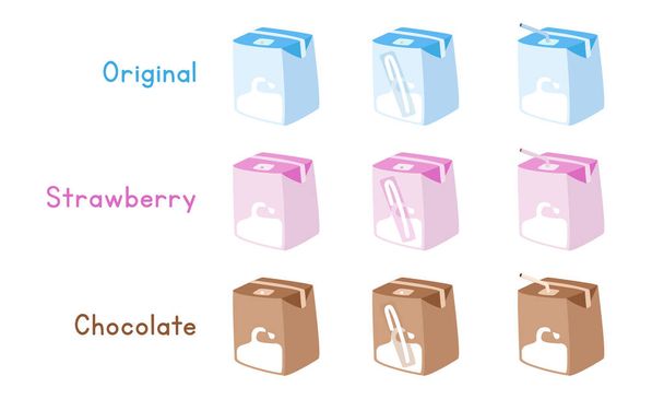 Sada pravidelného, jahodového, čokoládového designu krabice na mléko. Modré, růžové, hnědé krabice na mléko se slámou. Mléko kartony různé chutě karikatury stylu roztomilé kreslení. Mléčný výrobek - Vektor, obrázek
