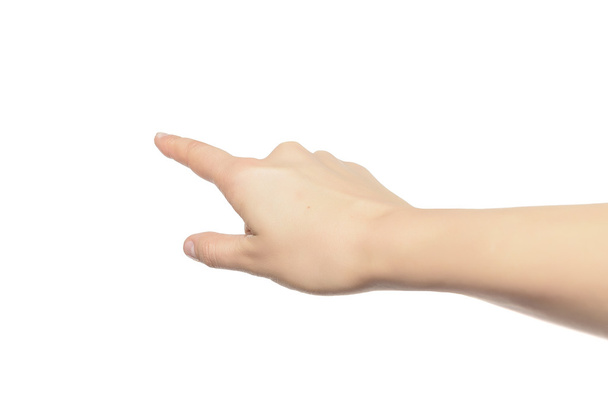 Nainen käsi koskettaa virtuaalista näyttöä
. - Valokuva, kuva