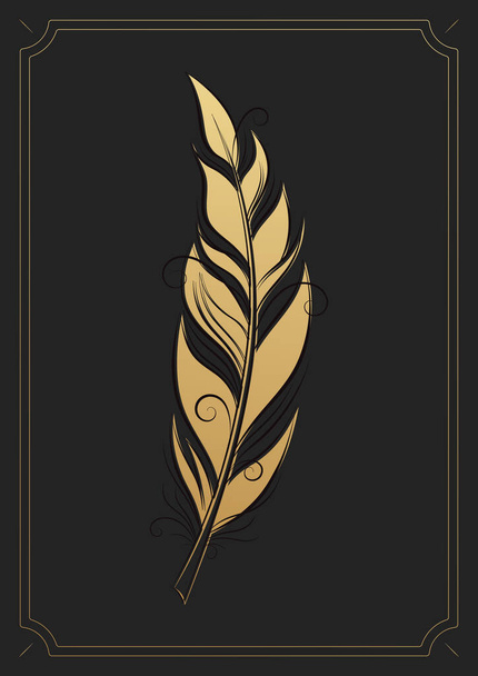 Golden Feather on dark background. Poster with feather silhouette. Applicable for flyer, brochures, posters, covers and banners - Vector, Image