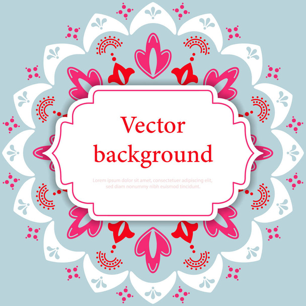 Ornamental pink and white mandala on blue background with place for text. Square banner template. Suitable for social media post and advertising. Boho vector illustration. - Vetor, Imagem
